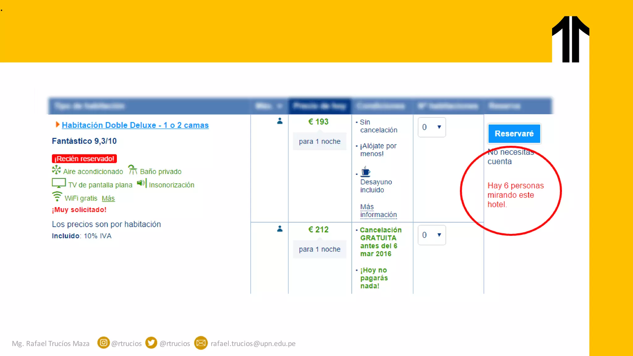 Mg. Rafael Trucíos Maza @rtrucios @rtrucios rafael.trucios@upn.edu.pe
Booking y el temor a perder la oferta
.
 