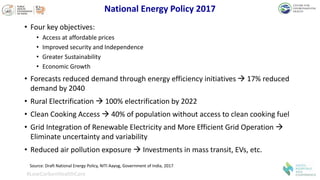 National Energy Policy 2017
• Four key objectives:
• Access at affordable prices
• Improved security and Independence
• Greater Sustainability
• Economic Growth
• Forecasts reduced demand through energy efficiency initiatives  17% reduced
demand by 2040
• Rural Electrification  100% electrification by 2022
• Clean Cooking Access  40% of population without access to clean cooking fuel
• Grid Integration of Renewable Electricity and More Efficient Grid Operation 
Eliminate uncertainty and variability
• Reduced air pollution exposure  Investments in mass transit, EVs, etc.
#LowCarbonHealthCare
Source: Draft National Energy Policy, NITI Aayog, Government of India, 2017
 