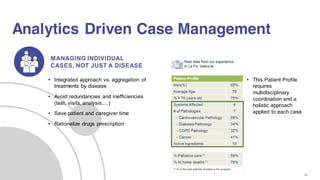 22
Real data from our experience
in La Fe, Valencia
• This Patient Profile
requires
multidisciplinary
coordination and a
holistic approach
applied to each case
Analytics Driven Case Management
• Integrated approach vs. aggregation of
treatments by disease
• Avoid redundancies and inefficiencies
(test, visits, analysis,…)
• Save patient and caregiver time
• Rationalize drugs prescription
 