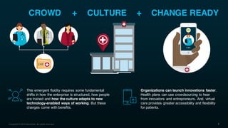 This emergent fluidity requires some fundamental
shifts in how the enterprise is structured, how people
are trained and how the culture adapts to new
technology-enabled ways of working. But these
changes come with benefits.
Copyright © 2016 Accenture All rights reserved.
Organizations can launch innovations faster.
Health plans can use crowdsourcing to hear
from innovators and entrepreneurs. And, virtual
care provides greater accessibility and flexibility
for patients.
CROWD CULTURE CHANGE READY+ +
7
 