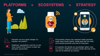 Disruption can be a game changer if a
business can predict it.
Healthcare organizations must link up with
those outside of the industry to seize new
disruptive opportunities.
Copyright © 2016 Accenture All rights reserved.
If the banking industry has mastered mobile payments,
health plans should explore mobile apps that can make
out-of-pocket payments pain-free for consumers.
If companies like Spotify can successfully deliver music
as a service, healthcare providers should also look at how
care can be delivered as a service.
PLATFORMS + ECOSYSTEMS + STRATEGY
13
 
