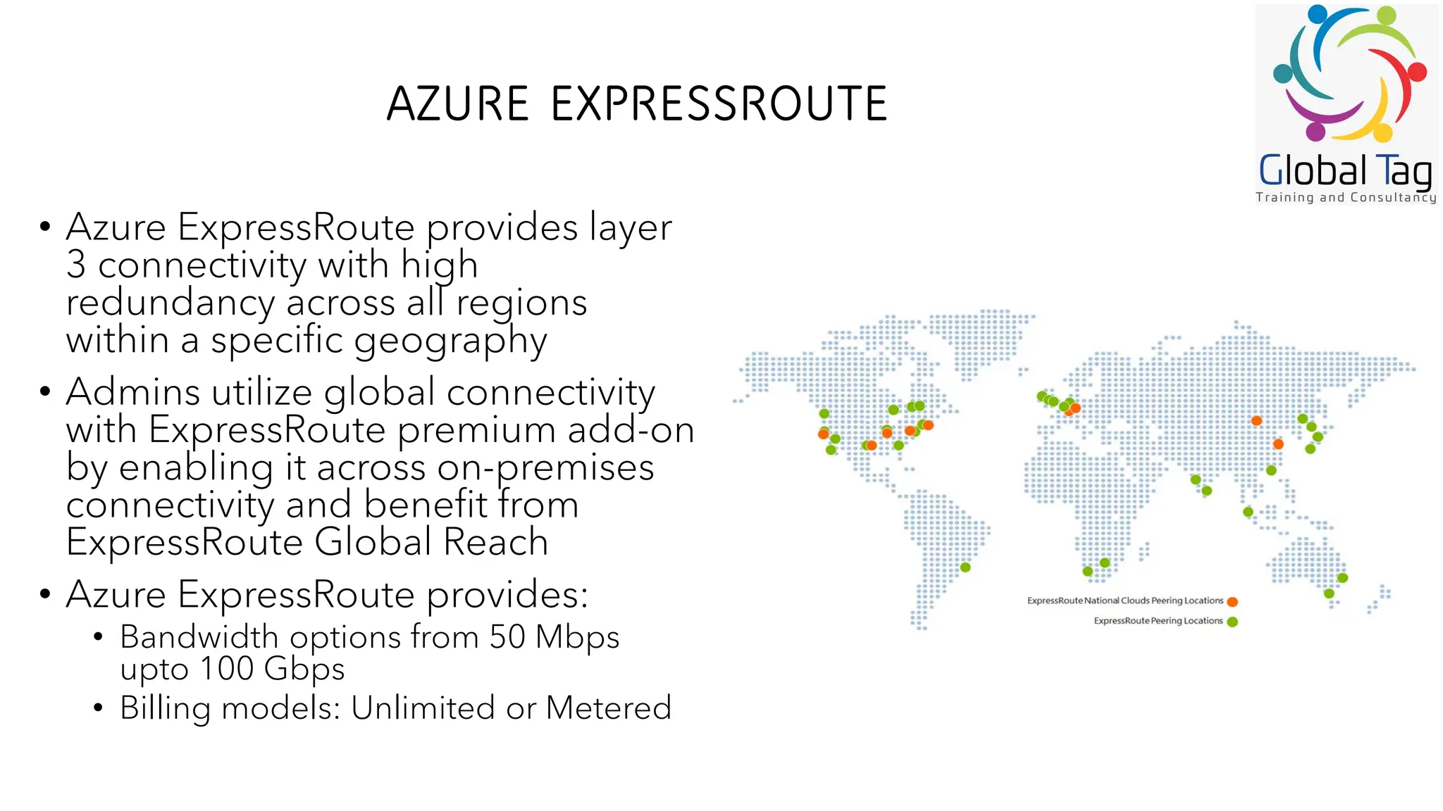 AZURE EXPRESSROUTE
• Azure ExpressRoute provides layer
3 connectivity with high
redundancy across all regions
within a specific geography
• Admins utilize global connectivity
with ExpressRoute premium add-on
by enabling it across on-premises
connectivity and benefit from
ExpressRoute Global Reach
• Azure ExpressRoute provides:
• Bandwidth options from 50 Mbps
upto 100 Gbps
• Billing models: Unlimited or Metered
 