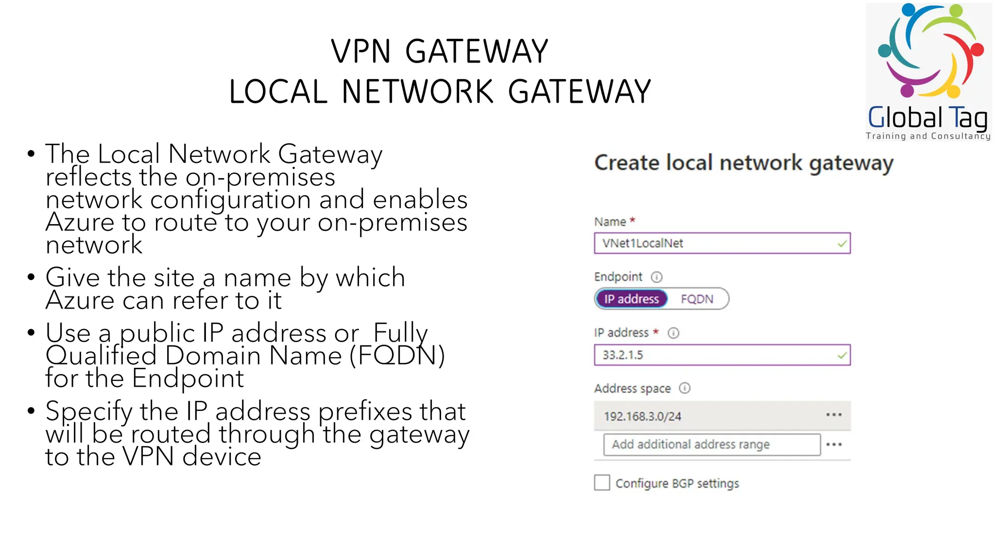 VPN GATEWAY
LOCAL NETWORK GATEWAY
• The Local Network Gateway
reflects the on-premises
network configuration and enables
Azure to route to your on-premises
network
• Give the site a name by which
Azure can refer to it
• Use a public IP address or Fully
Qualified Domain Name (FQDN)
for the Endpoint
• Specify the IP address prefixes that
will be routed through the gateway
to the VPN device
 