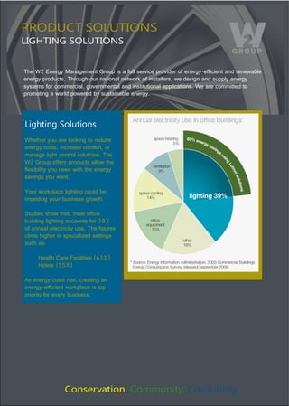 PRODUCT SOLUTIONS
LIGHTING SOLUTIONS


The W2 Energy Management Group is a full service provider of energy-efficient and renewable 
energy products. Through our national network of installers, we design and supply energy 
systems for commercial, governmental and institutional applications. We are committed to 
promoting a world powered by sustainable energy.




Lighting Solutions
Whether you are looking to reduce 
energy costs, increase comfort, or 
manage light control solutions, The 
W2 Group offers products allow the 
flexibility you need with the energy 
savings you want.

Your workplace lighting could be 
impeding your business growth. 

Studies show that, most office 
building lighting accounts for 39% 
of annual electricity use. The figures 
climb higher in specialized settings 
such as: 

     Health Care Facilities (43%) 
     Hotels (55%)

As energy costs rise, creating an 
energy-efficient workplace is top 
priority for every business.




                Conservation. Community. Consulting.
 