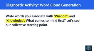 Diagnostic Activity: Word Cloud Generation
Write words you associate with 'Wisdom' and
‘Knowledge’. What comes to mind first? Let's see
our collective starting point.
 