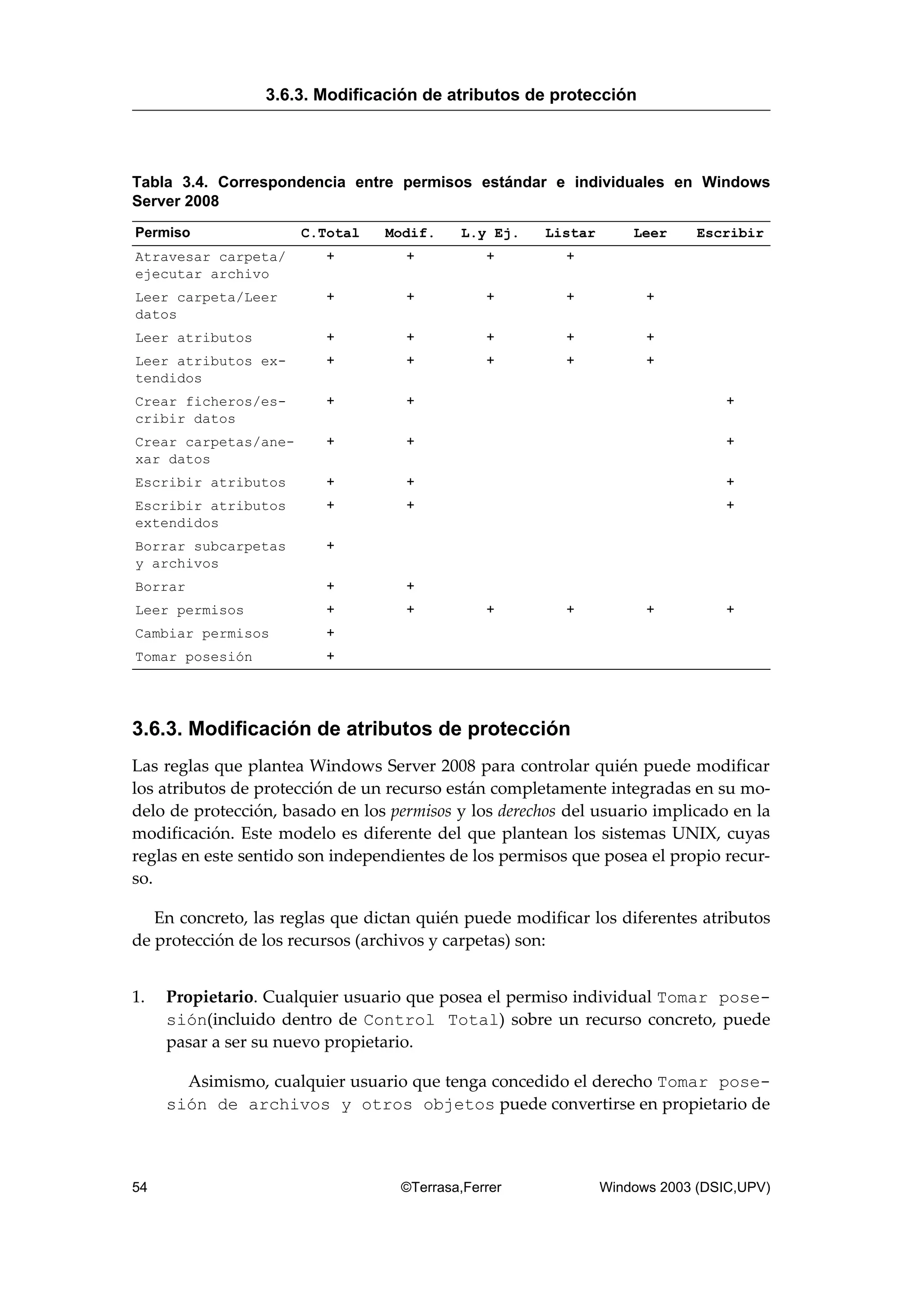 Tabla 3.4. Correspondencia entre permisos estándar e individuales en Windows
Server 2008
Permiso C.Total Modif. L.y Ej. Listar Leer Escribir
Atravesar carpeta/
ejecutar archivo
+ + + +
Leer carpeta/Leer
datos
+ + + + +
Leer atributos + + + + +
Leer atributos ex-
tendidos
+ + + + +
Crear ficheros/es-
cribir datos
+ + +
Crear carpetas/ane-
xar datos
+ + +
Escribir atributos + + +
Escribir atributos
extendidos
+ + +
Borrar subcarpetas
y archivos
+
Borrar + +
Leer permisos + + + + + +
Cambiar permisos +
Tomar posesión +
3.6.3. Modificación de atributos de protección
Las reglas que plantea Windows Server 2008 para controlar quién puede modificar
los atributos de protección de un recurso están completamente integradas en su mo-
delo de protección, basado en los permisos y los derechos del usuario implicado en la
modificación. Este modelo es diferente del que plantean los sistemas UNIX, cuyas
reglas en este sentido son independientes de los permisos que posea el propio recur-
so.
En concreto, las reglas que dictan quién puede modificar los diferentes atributos
de protección de los recursos (archivos y carpetas) son:
1. Propietario. Cualquier usuario que posea el permiso individual Tomar pose-
sión(incluido dentro de Control Total) sobre un recurso concreto, puede
pasar a ser su nuevo propietario.
Asimismo, cualquier usuario que tenga concedido el derecho Tomar pose-
sión de archivos y otros objetos puede convertirse en propietario de
3.6.3. Modificación de atributos de protección
54 ©Terrasa,Ferrer Windows 2003 (DSIC,UPV)
 