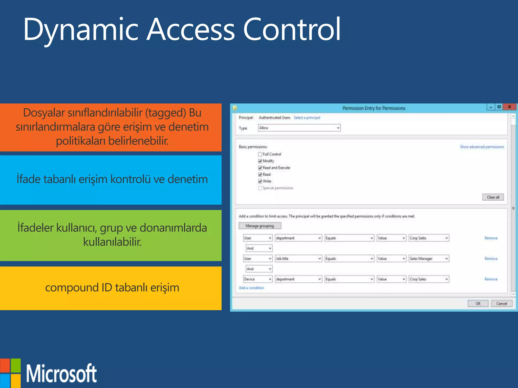 Dosyalar sınıflandırılabilir (tagged) Bu
sınırlandırmalara göre erişim ve denetim
politikaları belirlenebilir.
İfade tabanlı erişim kontrolü ve denetim
İfadeler kullanıcı, grup ve donanımlarda
kullanılabilir.
compound ID tabanlı erişim
 