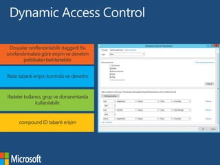 Dosyalar sınıflandırılabilir (tagged) Bu
sınırlandırmalara göre erişim ve denetim
politikaları belirlenebilir.
İfade tabanlı erişim kontrolü ve denetim
İfadeler kullanıcı, grup ve donanımlarda
kullanılabilir.
compound ID tabanlı erişim
 