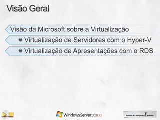Visão da Microsoft sobre a Virtualização
    Virtualização de Servidores com o Hyper-V
    Virtualização de Apresentações com o RDS
 