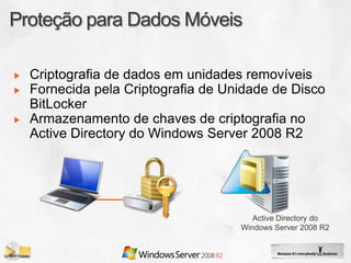 Criptografia de dados em unidades removíveis
Fornecida pela Criptografia de Unidade de Disco
BitLocker
Armazenamento de chaves de criptografia no
Active Directory do Windows Server 2008 R2




                                    Active Directory do
                                 Windows Server 2008 R2
 
