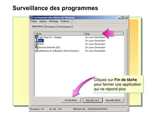 Cliquez sur Fin de tâche
pour fermer une application
qui ne répond plus
Cliquez sur Fin de tâche
pour fermer une application
qui ne répond plus
Surveillance des programmes
 