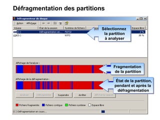 Défragmentation des partitions
Sélectionnez
la partition
à analyser
Sélectionnez
la partition
à analyser
Fragmentation
de la partition
Fragmentation
de la partition
État de la partition,
pendant et après la
défragmentation
État de la partition,
pendant et après la
défragmentation
 
