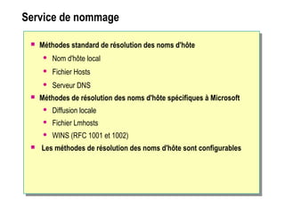Service de nommage
 Méthodes standard de résolution des noms d'hôte
 Nom d'hôte local
 Fichier Hosts
 Serveur DNS
 Méthodes de résolution des noms d'hôte spécifiques à Microsoft
 Diffusion locale
 Fichier Lmhosts
 WINS (RFC 1001 et 1002)
 Les méthodes de résolution des noms d'hôte sont configurables
 