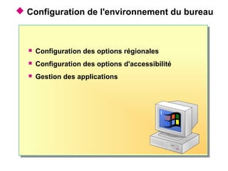  Configuration de l'environnement du bureau
 Configuration des options régionales
 Configuration des options d'accessibilité
 Gestion des applications
 