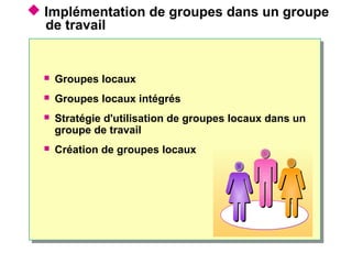  Implémentation de groupes dans un groupe
de travail
 Groupes locaux
 Groupes locaux intégrés
 Stratégie d'utilisation de groupes locaux dans un
groupe de travail
 Création de groupes locaux
 