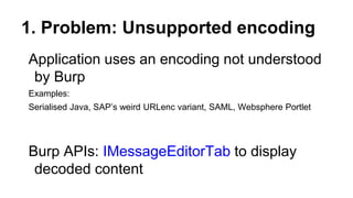 1. Problem: Unsupported encoding
Application uses an encoding not understood
by Burp
Examples:
Serialised Java, SAP’s weird URLenc variant, SAML, Websphere Portlet
Burp APIs: IMessageEditorTab to display
decoded content
 