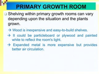 PRIMARY GROWTH ROOM
 Shelving within primary growth rooms can vary
depending upon the situation and the plants
grown.
 Wood is inexpensive and easy-to-build shelves.
 It could be particleboard or plywood and painted
white to reflect the room's light.
 Expanded metal is more expensive but provides
better air circulation.
 