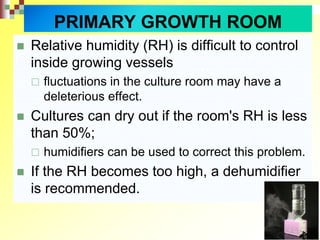  Relative humidity (RH) is difficult to control
inside growing vessels
 fluctuations in the culture room may have a
deleterious effect.
 Cultures can dry out if the room's RH is less
than 50%;
 humidifiers can be used to correct this problem.
 If the RH becomes too high, a dehumidifier
is recommended.
PRIMARY GROWTH ROOM
 