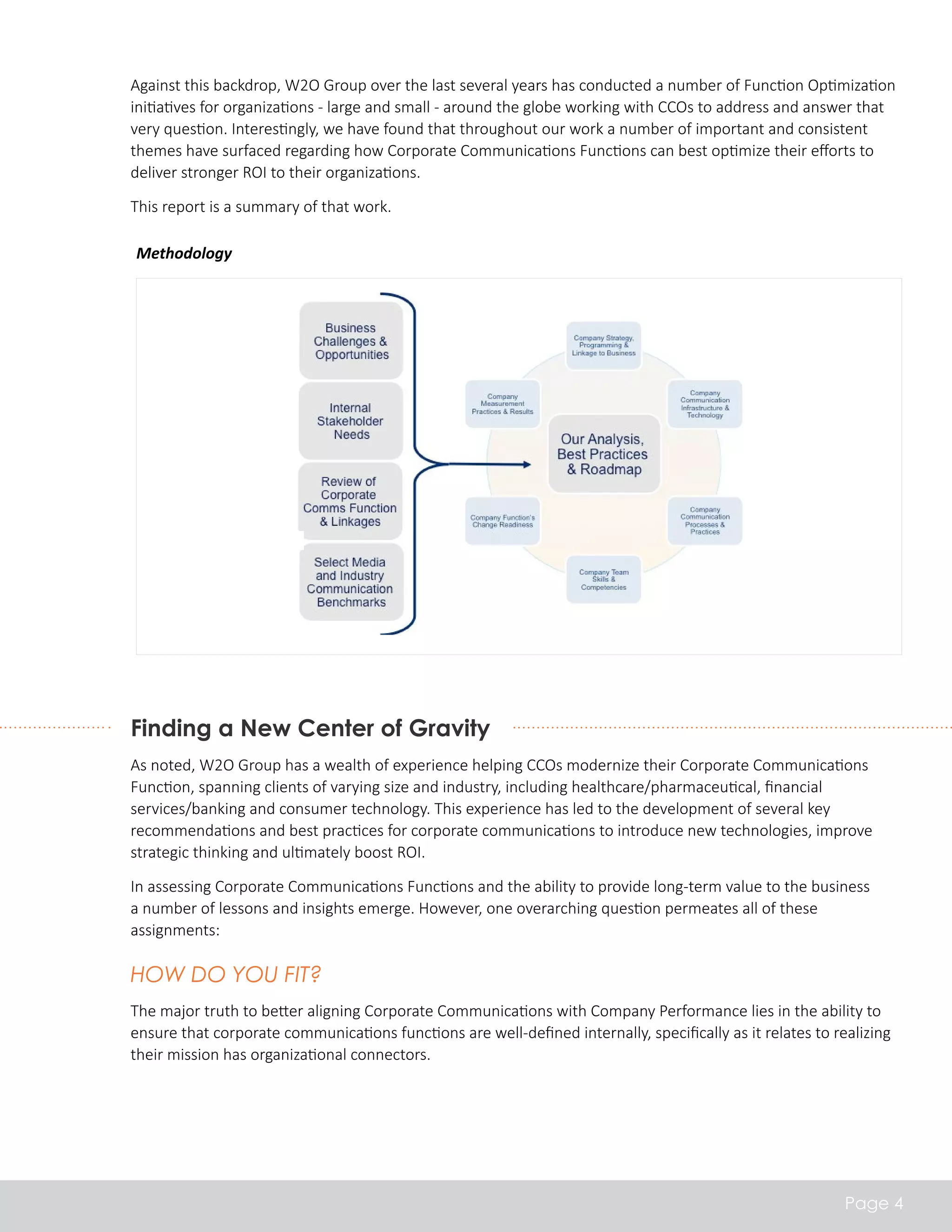 Against this backdrop, W2O Group over the last several years has conducted a number of Function Optimization 
initiatives for organizations - large and small - around the globe working with CCOs to address and answer that 
very question. Interestingly, we have found that throughout our work a number of important and consistent 
themes have surfaced regarding how Corporate Communications Functions can best optimize their efforts to 
deliver stronger ROI to their organizations. 
This report is a summary of that work. 
Finding a New Center of Gravity 
As noted, W2O Group has a wealth of experience helping CCOs modernize their Corporate Communications 
Function, spanning clients of varying size and industry, including healthcare/pharmaceutical, financial 
services/banking and consumer technology. This experience has led to the development of several key 
recommendations and best practices for corporate communications to introduce new technologies, improve 
strategic thinking and ultimately boost ROI. 
In assessing Corporate Communications Functions and the ability to provide long-term value to the business 
a number of lessons and insights emerge. However, one overarching question permeates all of these 
assignments: 
How Do You Fit? 
The major truth to better aligning Corporate Communications with Company Performance lies in the ability to 
ensure that corporate communications functions are well-defined internally, specifically as it relates to realizing 
their mission has organizational connectors. 
Page 4 
Methodology 
 