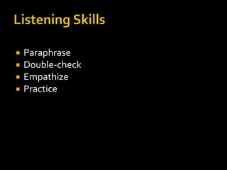    Paraphrase
   Double-check
   Empathize
   Practice
 