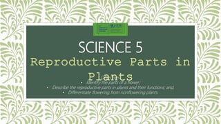 SCIENCE 5
Reproductive Parts in
Plants
Objectives:
• Identify the parts of a flower;
• Describe the reproductive parts in plants and their functions; and,
• Differentiate flowering from nonflowering plants.
 