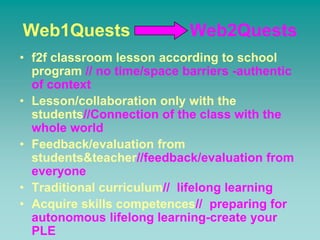 Web1Quests                  Web2Quests
• f2f classroom lesson according to school
  program // no time/space barriers -authentic
  of context
• Lesson/collaboration only with the
  students//Connection of the class with the
  whole world
• Feedback/evaluation from
  students&teacher//feedback/evaluation from
  everyone
• Traditional curriculum// lifelong learning
• Acquire skills competences// preparing for
  autonomous lifelong learning-create your
  PLE
 