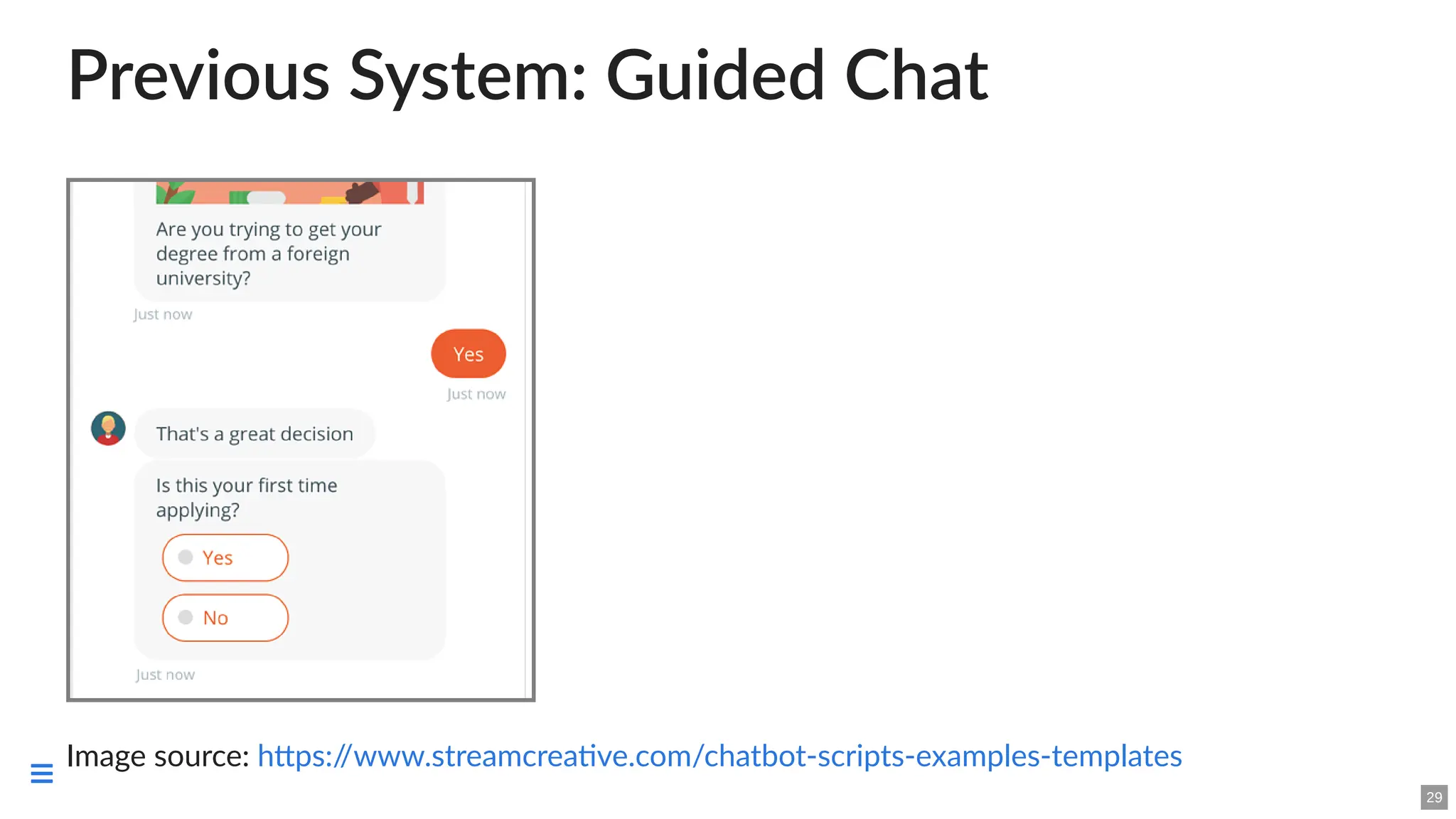 Previous System: Guided Chat
Image source: https:/
/www.streamcreative.com/chatbot-scripts-examples-templates
29

 