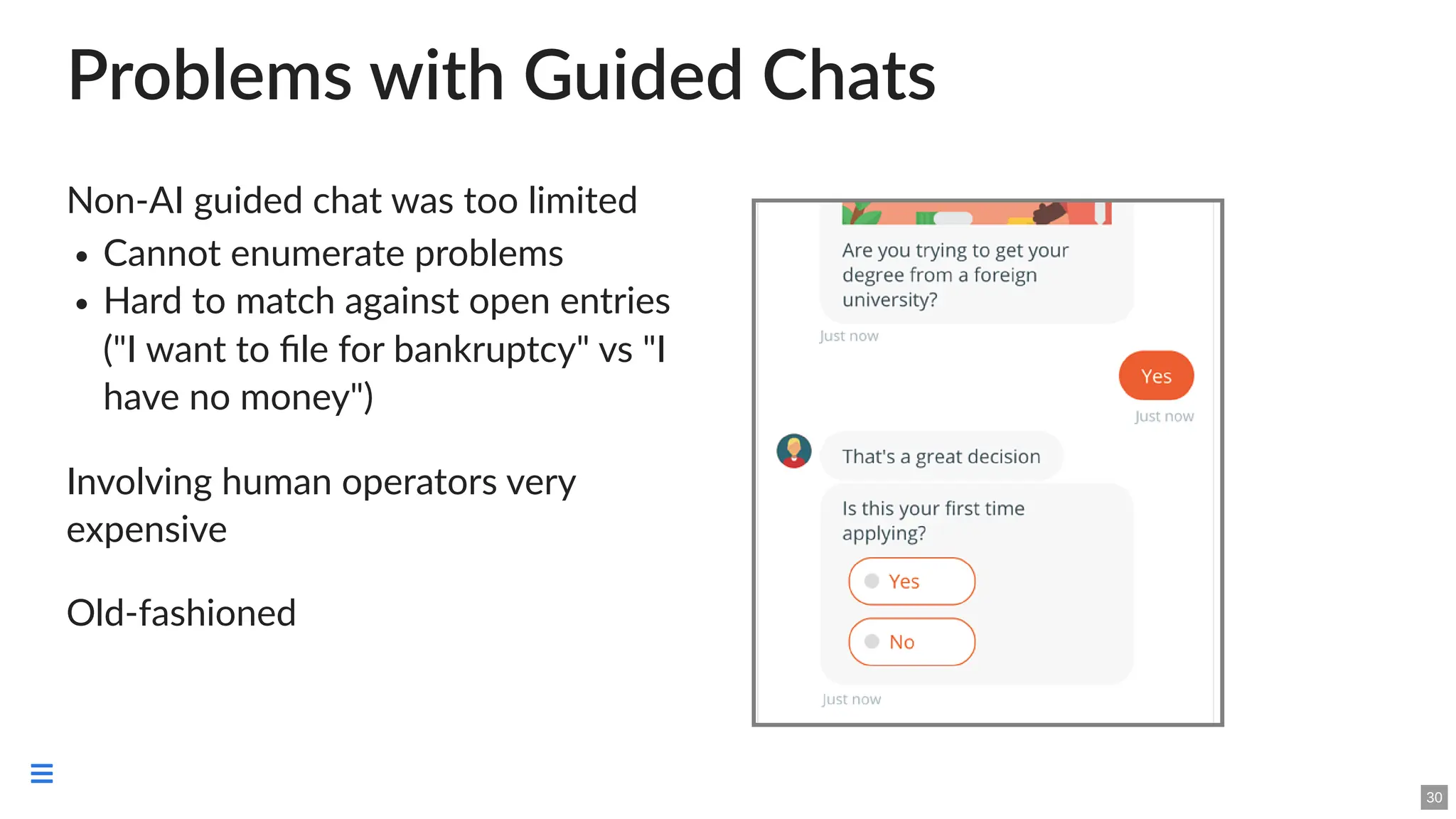 Problems with Guided Chats
Non-AI guided chat was too limited
Cannot enumerate problems
Hard to match against open entries
("I want to file for bankruptcy" vs "I
have no money")
Involving human operators very
expensive
Old-fashioned
30

 