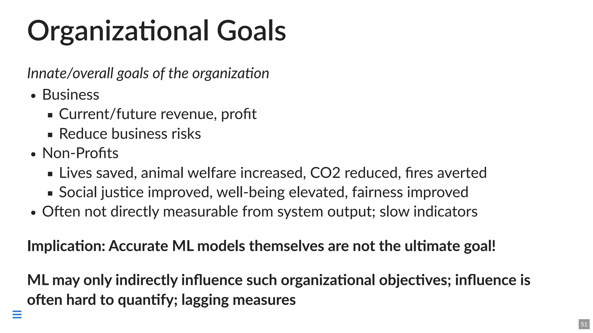 Organizational Goals
Innate/overall goals of the organization
Business
Current/future revenue, profit
Reduce business risks
Non-Profits
Lives saved, animal welfare increased, CO2 reduced, fires averted
Social justice improved, well-being elevated, fairness improved
Often not directly measurable from system output; slow indicators
Implication: Accurate ML models themselves are not the ultimate goal!
ML may only indirectly influence such organizational objectives; influence is
often hard to quantify; lagging measures
51

 