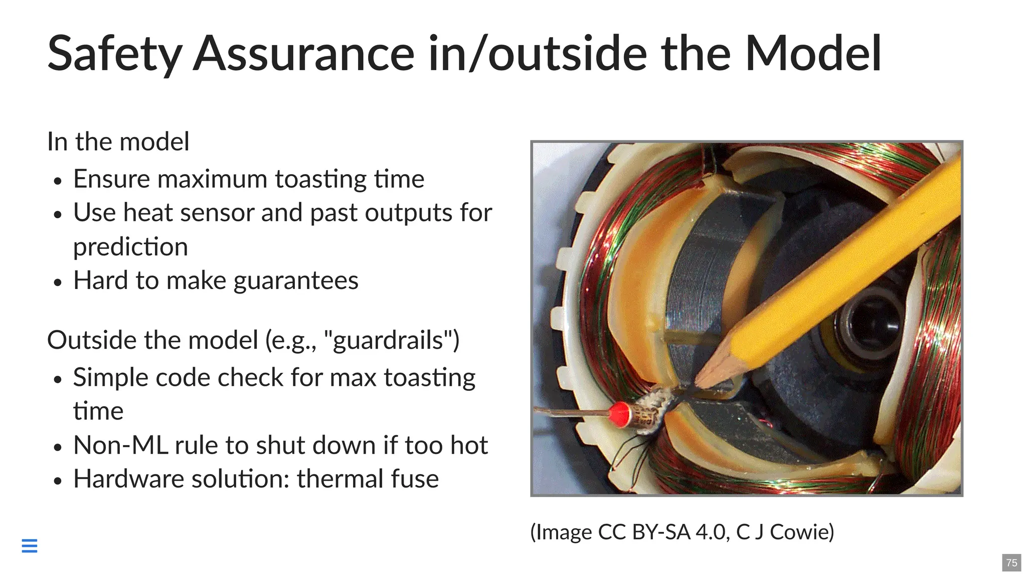 Safety Assurance in/outside the Model
In the model
Ensure maximum toasting time
Use heat sensor and past outputs for
prediction
Hard to make guarantees
Outside the model (e.g., "guardrails")
Simple code check for max toasting
time
Non-ML rule to shut down if too hot
Hardware solution: thermal fuse
(Image CC BY-SA 4.0, C J Cowie)
75

 