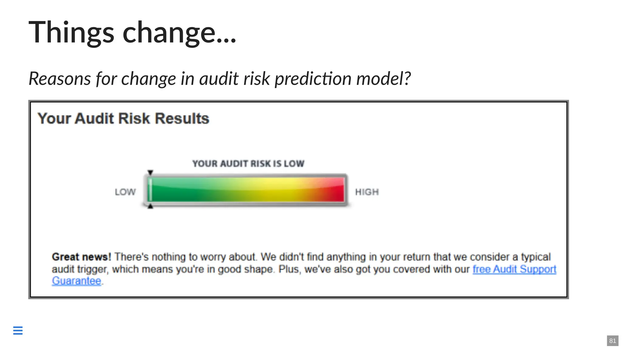 Things change...
Reasons for change in audit risk prediction model?
81

 