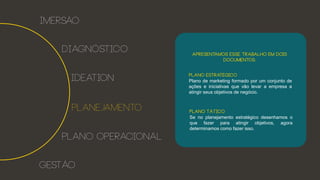 imersão
Diagnóstico
ideation
planejamento
Plano operacional
gestão
Plano estratégico
Plano de marketing formado por um conjunto de
ações e iniciativas que vão levar a empresa a
atingir seus objetivos de negócio.
Plano tático
Se no planejamento estratégico desenhamos o
que fazer para atingir objetivos, agora
determinamos como fazer isso.
Apresentamos esse trabalho em dois
documentos:
 