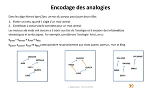 Encodage des analogies
39
Dans les algorithmes Word2vec un mot du corpus peut jouer deux rôles:
1. Porter un sens, quand il s’agit d’un mot central
2. Contribuer à construire le contexte pour un mot central
Les vecteurs de mots ont tendance à obéir aux lois de l'analogie et à encoder des informations
sémantiques et syntactiques. Par exemple, considérons l'analogie. Ainsi, on a :
vqueen− vwoman + vman ≈ vking
vqueen, vwoman, vman et vking correspondent respectivement aux mots queen, woman, man et king
J. DABOUNOU - FST DE SETTAT
WALKING
WALK
DRIVING
DRIVE
SPEAKING
SPEAK
QUEENS
KINGS
QUEEN
KING
WOMAN
MAN
WOMAN
UNCLE
QUEEN
KING
 