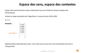 Espace des sens, espace des contextes
40
Espace dense de dimension d pour représenter les sens à l’aide de vecteurs (espace des
sémantiques).
d étant un hyper-paramètre de l’algorithme. d souvent entre 100 et 300.
d << V.
Exemple :
assimiler =
Représentation distribuée des mots, c’est-à-dire que le sens d’un mot est distribué entre les d
composantes.
J. DABOUNOU - FST DE SETTAT
0.125
-0.380
0.760
0.123
-0.590
⸽
 