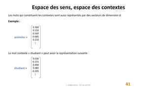 Espace des sens, espace des contextes
41
Les mots qui constituent les contextes sont aussi représentés par des vecteurs de dimension d.
Exemple :
assimiler =
Le mot contexte « étudiant » peut avoir la représentation suivante :
étudiant =
J. DABOUNOU - FST DE SETTAT
0.360
0.150
-0.560
-0.685
0.110
⸽
0.030
-0.255
0.490
0.085
-0.205
⸽
 