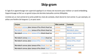 Skip-gram
44J. DABOUNOU - FST DE SETTAT
Il s'agit d'un apprentissage non supervisé appliqué à un réseau de neurones pour réaliser un word embedding.
L’apprentissage se fait sur un grand corpus de données textuelles comme Wikipédia.
L'entrée est un mot central et la sortie prédit les mots de contexte, étant donné le mot central. Si, par exemple, on
utilise une fenêtre de longueur 2, on peut avoir :
Corpus Mot central Contexte
Marrakech connue place Jamaa-el-fna climat chaud sec connue connue
Marrakech connue place Jamaa-el-fna climat chaud sec connue Marrakech, place
Marrakech connue place Jamaa-el-fna climat chaud sec place connue, Jamaa-el-fna
Marrakech connue place Jamaa-el-fna climat chaud sec Jamaa-el-fna place, climat
Marrakech connue place Jamaa-el-fna climat chaud sec climat Jamaa-el-fna, chaud
Marrakech connue place Jamaa-el-fna climat chaud sec chaud climat, sec
Marrakech connue place Jamaa-el-fna climat chaud sec connue chaud
 