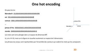 One hot encoding
On peut écrire:
Marrakech : (1,0,0,0,0,0,0,0,0,0,0,0,0,0,0,0,0,0,0)
est : (0,1,0,0,0,0,0,0,0,0,0,0,0,0,0,0,0,0,0)
connue : (0,0,1,0,0,0,0,0,0,0,0,0,0,0,0,0,0,0,0)
…
jamaa-el-fna : (0,0,0,0,0,0,1,0,0,0,0,0,0,0,0,0,0,0,0)
monde : (0,0,0,0,0,0,0,0,0,0,0,0,0,0,0,0,0,0,1)
Les mots sont ainsi plongés dans un espace de dimension RV
.
Ici, on a V=19, mais sur la figure on visualise seulement un espace de 3 dimensions.
Les phrases du corpus sont représentées par l’ensemble des vecteurs qui codent les mots qui les composent.
Marrakech connue
jamaa-el-fna
J. DABOUNOU - FST DE SETTAT 33
 