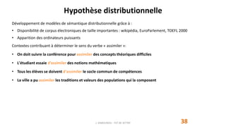 Hypothèse distributionnelle
38
Développement de modèles de sémantique distributionnelle grâce à :
• Disponibilité de corpus électroniques de taille importantes : wikipédia, EuroParlement, TOEFL 2000
• Apparition des ordinateurs puissants
Contextes contribuant à déterminer le sens du verbe « assimiler »:
• On doit suivre la conférence pour assimiler des concepts théoriques difficiles
• L'étudiant essaie d’assimiler des notions mathématiques
• Tous les élèves se doivent d'assimiler le socle commun de compétences
• La ville a pu assimiler les traditions et valeurs des populations qui la composent
J. DABOUNOU - FST DE SETTAT
 