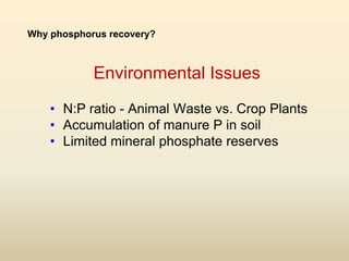 Environmental Issues
• N:P ratio - Animal Waste vs. Crop Plants
• Accumulation of manure P in soil
• Limited mineral phosp...