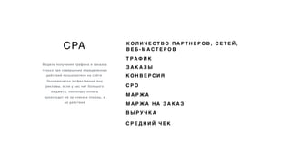CPA
Модель получения трафика и заказов
только при совершении определенных
действий пользователя на сайте.
Экономически эффективный вид
рекламы, если у вас нет большого
бюджета, поскольку оплата
происходит не за клики и показы, а
за действия
К О Л И Ч Е С Т В О П А Р Т Н Е Р О В , С Е Т Е Й ,
В Е Б - М А С Т Е Р О В
З А К А З Ы
К О Н В Е Р С И Я
C P O
М А Р Ж А
М А Р Ж А Н А З А К А З
В Ы Р У Ч К А
С Р Е Д Н И Й Ч Е К
Т Р А Ф И К
 