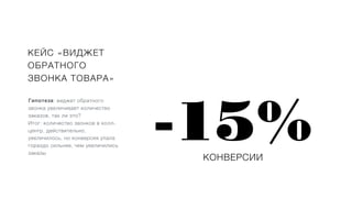 КЕЙС «ВИДЖЕТ
ОБРАТНОГО
ЗВОНКА ТОВАРА»
Гипотеза: виджет обратного
звонка увеличивает количество
заказов, так ли это?
Итог: количество звонков в колл-
центр, действительно,
увеличилось, но конверсия упала
гораздо сильнее, чем увеличились
заказы
-15%
КОНВЕРСИИ
 