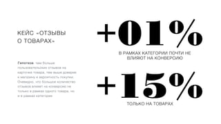 КЕЙС «ОТЗЫВЫ
О ТОВАРАХ»
Гипотеза: чем больше
пользовательских отзывов на
карточке товара, тем выше доверие
к магазину и вероятность покупки.
Очевидно, что большое количество
отзывов влияет на конверсию не
только в рамках одного товара, но
и в рамках категории
+01%
В РАМКАХ КАТЕГОРИИ ПОЧТИ НЕ
ВЛИЯЮТ НА КОНВЕРСИЮ
+15%
ТОЛЬКО НА ТОВАРАХ
 