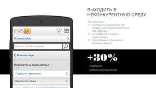 ВЫХОДИТЬ В
НЕКОНКУРЕНТНУЮ СРЕДУ
Как запускали:
1) минимальный функционал без
которого невозможно запуститься
(без корзины)
2) посчитали все конверты –
обрадовались
3) стали развивать функционал
(корзина, кабинет)
мобильные покупатели
+30%
конверсии
 