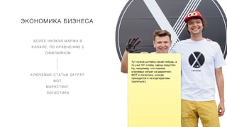 185
ЭКОНОМИКА БИЗНЕСА
БОЛЕЕ НИЗКАЯ МАРЖА В
КАНАЛЕ, ПО СРАВНЕНИЮ С
ОФФЛАЙНОМ
КЛЮЧЕВЫЕ СТАТЬИ ЗАТРАТ:
ФОТ,
МАРКЕТИНГ,
ЛОГИСТИКА
Тут нужна шутейка какая-нибудь, а
то уже 181 слайд, народ подустал.
Ну, например, что помимо
ключевых затрат на маркетинг,
ФОТ и логистику, иногда
приходится и на корпоративы
тратиться:)
 