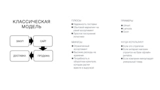 50
ПРИМЕРЫ:
•Ulmart
•Lamoda
•Ozon
КОГДА ИСПОЛЬЗУЮТ
•Если это стратегия
•Если интернет-магазин
строится на базе офлайн-
ритейла
•Если компания импортирует
уникальный товар
ПЛЮСЫ:
•Надежность поставки
•Сбытовой маркетинг на
узкий ассортимент
•Простое построение
логистики
МИНУСЫ
•Ограниченный
ассортимент
•Высокие расходы на
хранение
•Потребность в
оборотном капитале,
которая растет
вместе в выручкой
КЛАССИЧЕСКАЯ
МОДЕЛЬ
ДОСТАВКА ПРОДАЖА
САЙТ
ЗАКУП
 