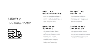 РАБОТА С
ПОСТАВЩИКАМИ
все поставщики разные и
хотят, чтобы вы работали с
тем, что у них есть
Р А Б О Т А С
П О С Т А В Щ И К А М И
соотнесение прайсов
поставщика с товарами в
вашем каталоге
О Б Р А Б О Т К А
П Р А Й С О В
система должна уметь
выбирать приоритетного
поставщика и уметь
формировать цену по
заданным правилам
Ц Е Н О О Б Р А -
З О В А Н И Е
система должна давать
доступ контролировать весь
процесс товародвижения
У П Р А В Л Е Н И Е
З А К У П К А М И
 