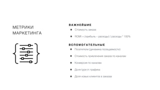 МЕТРИКИ
МАРКЕТИНГА
• Посетители (динамика посещаемости)
• Стоимость привлечения заказа по каналам
• Конверсия по каналам
• Доля type-in трафика
• Доля новых клиентов в заказах
• Стоимость заказа
• ROMI = (прибыль – расходы) / расходы * 100%
В А Ж Н Е Й Ш И Е
В С П О М О Г А Т Е Л Ь Н Ы Е
 
