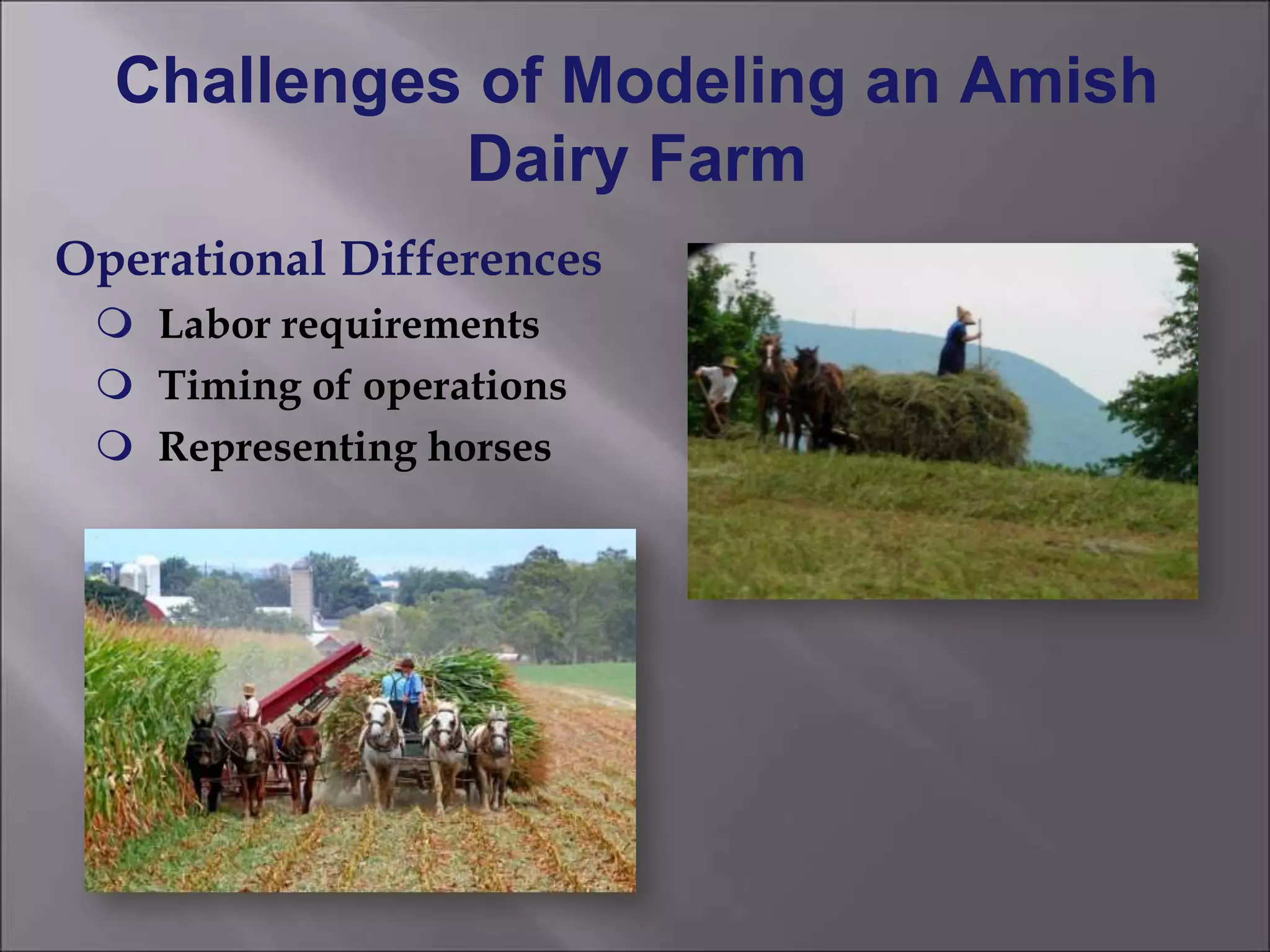 Challenges of Modeling an Amish
Dairy Farm
Operational Differences
 Labor requirements
 Timing of operations
 Representing horses
 