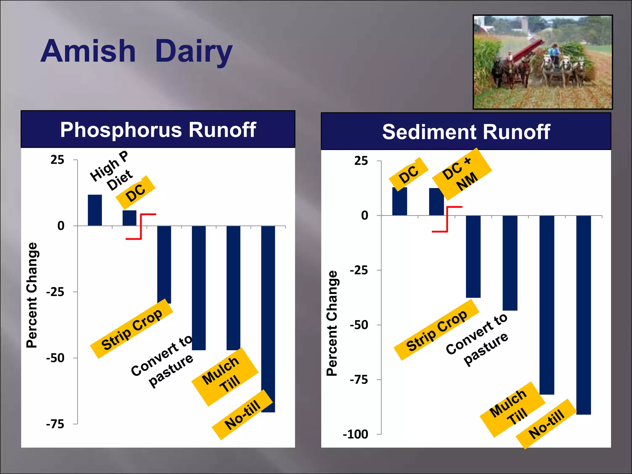 -100
-75
-50
-25
0
25
PercentChange
-75
-50
-25
0
25
PercentChange
Phosphorus Runoff Sediment Runoff
Amish Dairy
 