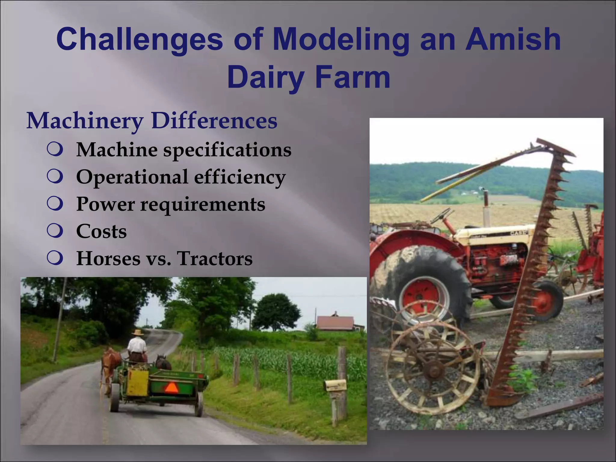 Challenges of Modeling an Amish
Dairy Farm
Machinery Differences
 Machine specifications
 Operational efficiency
 Power requirements
 Costs
 Horses vs. Tractors
Corn Harvest
 
